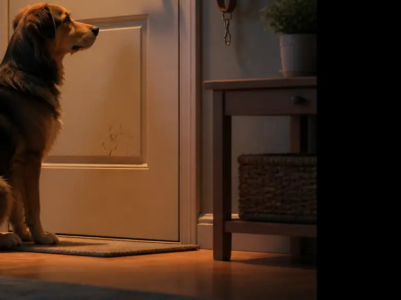Perro sentado mirando hacia una puerta cerrada