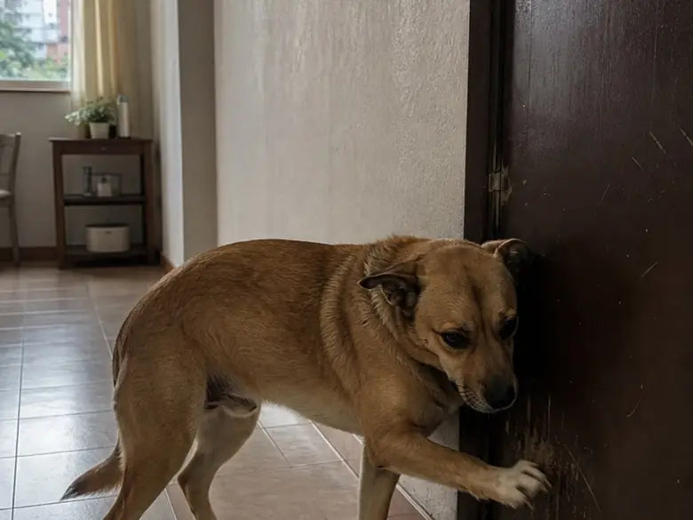Perro junto a una puerta de apartamento con una pata levantada
